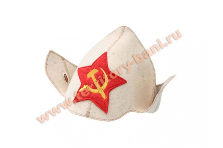 Шапка для бани войлок "Буденовка серп и молот" белая