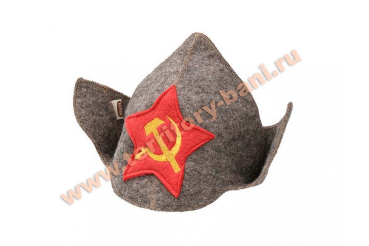 Шапка для бани "Буденовка серп и молот" серая